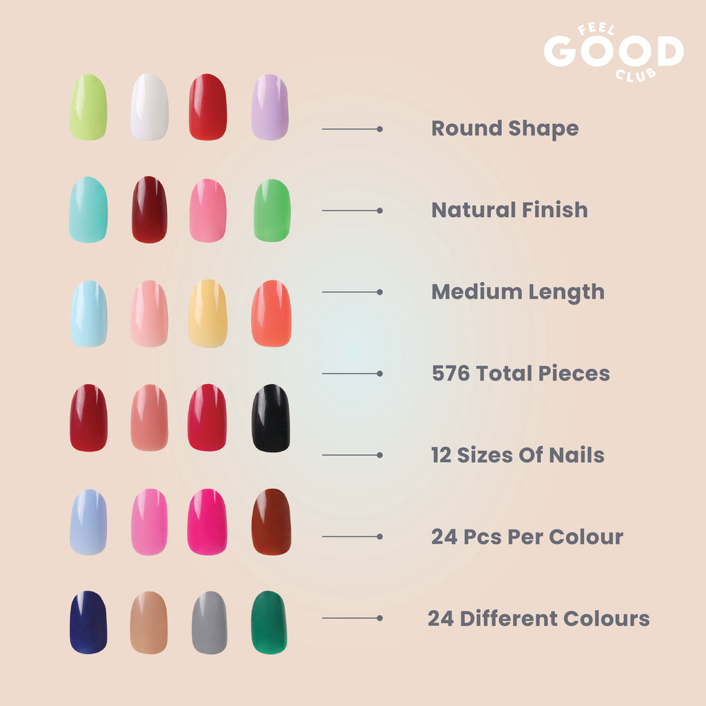 False Nails - Box Of 576 Pcs Press On/ Fake Nails In 24 Colours (Glue Not Included)