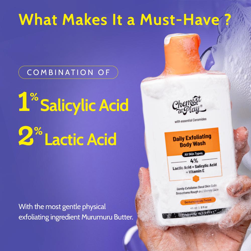 Exfoliating Body Wash with 4% Lactic Acid, Salicylic Acid & Vit E, Treats Back Acne
