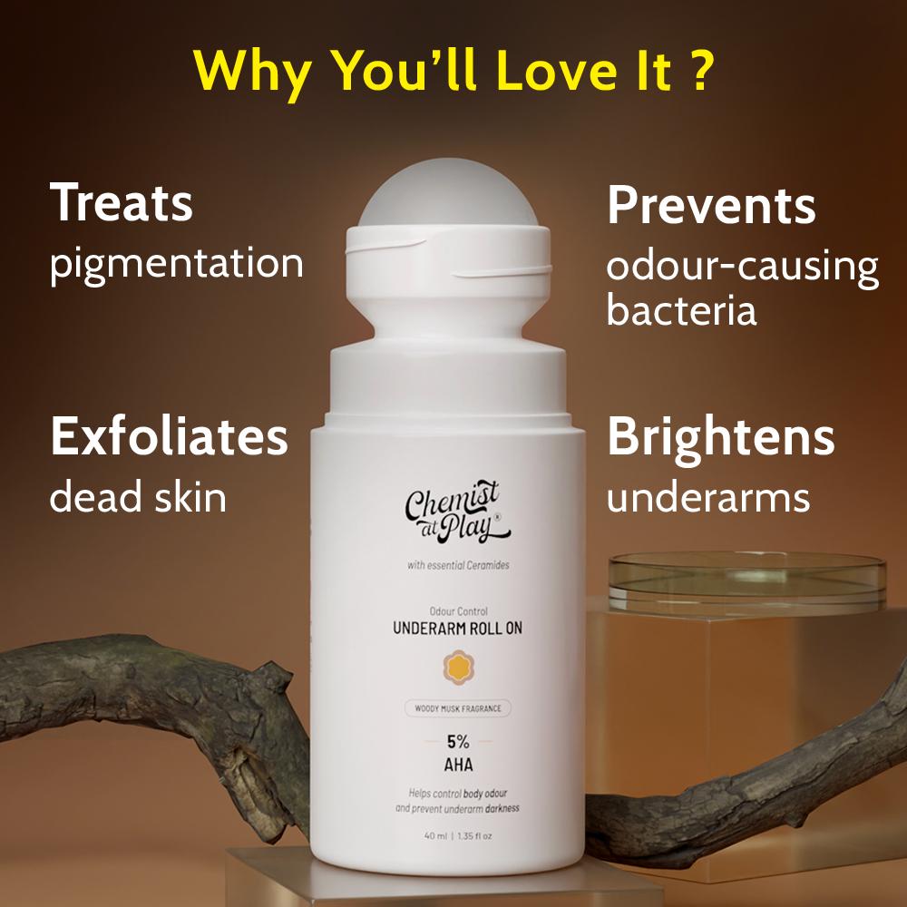 5% AHA Underarm Roll On Lactic Acid for Dark Underarm & Odour Control - Woody Musk