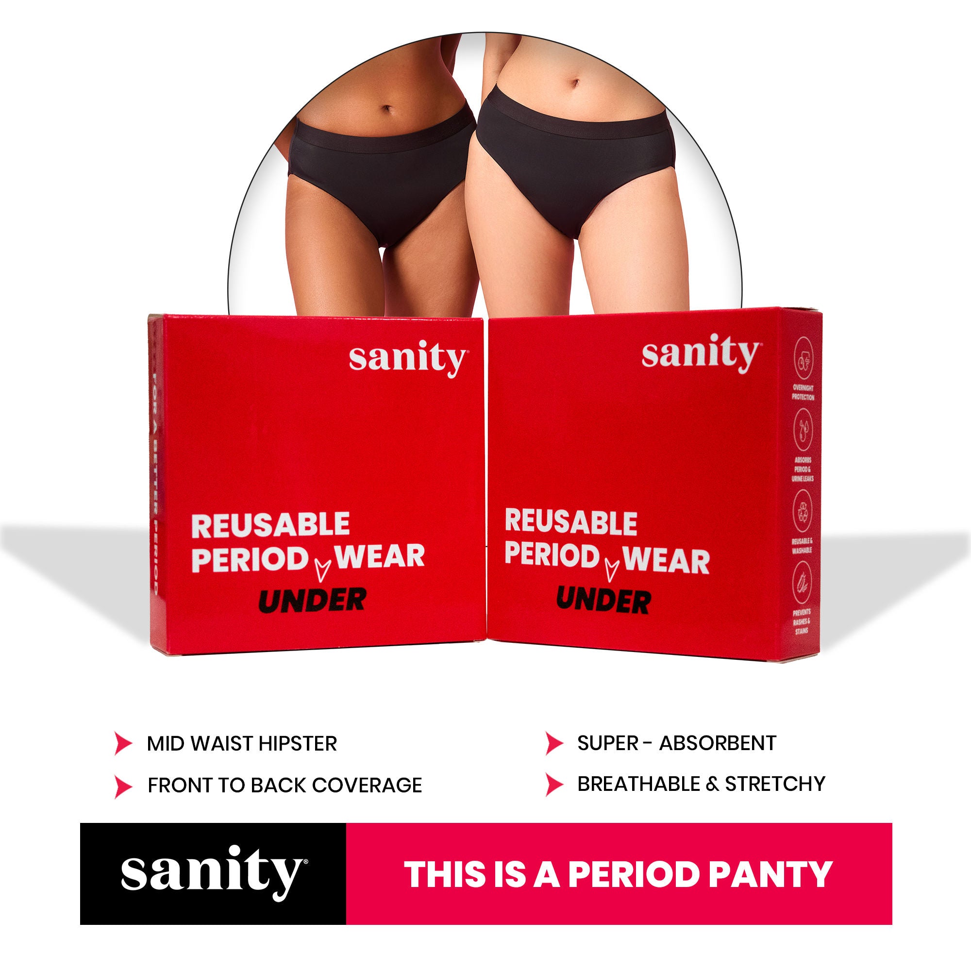 Mid Rise Hipster, Leakproof and Reusable Black Period Panties - Size XXL