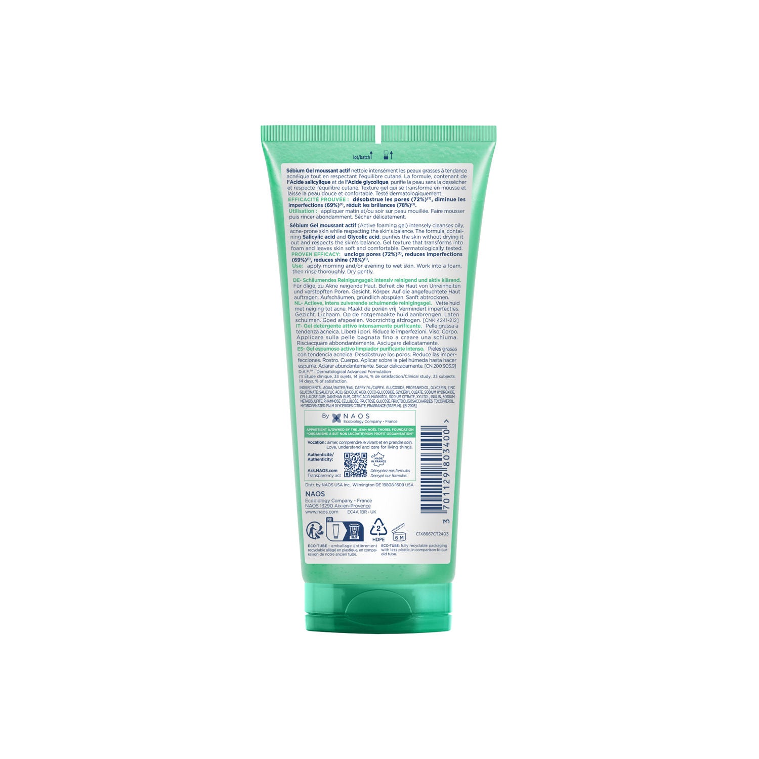 Sebium Gel Moussant Actif Cleanser with Salicylic & Glycolic Acid for Acne Prone, Oily Skin