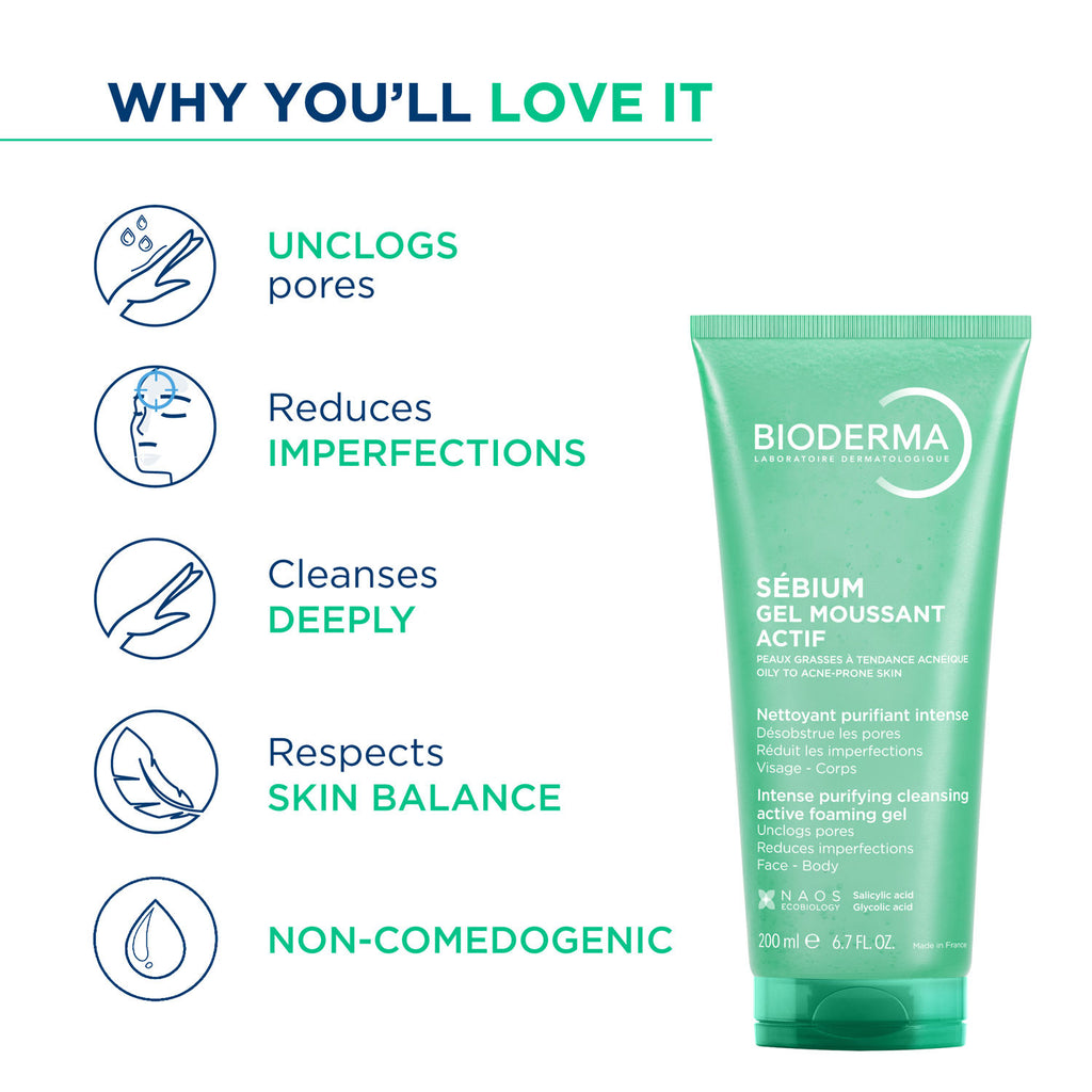 Sebium Gel Moussant Actif Cleanser with Salicylic & Glycolic Acid for Acne Prone, Oily Skin
