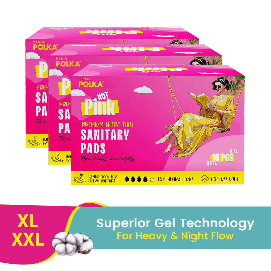 POLKA Hot Pink Sanitary Pads XXL & XL Rash Free Heavy Flow Double Wings Protection - 30 Pads