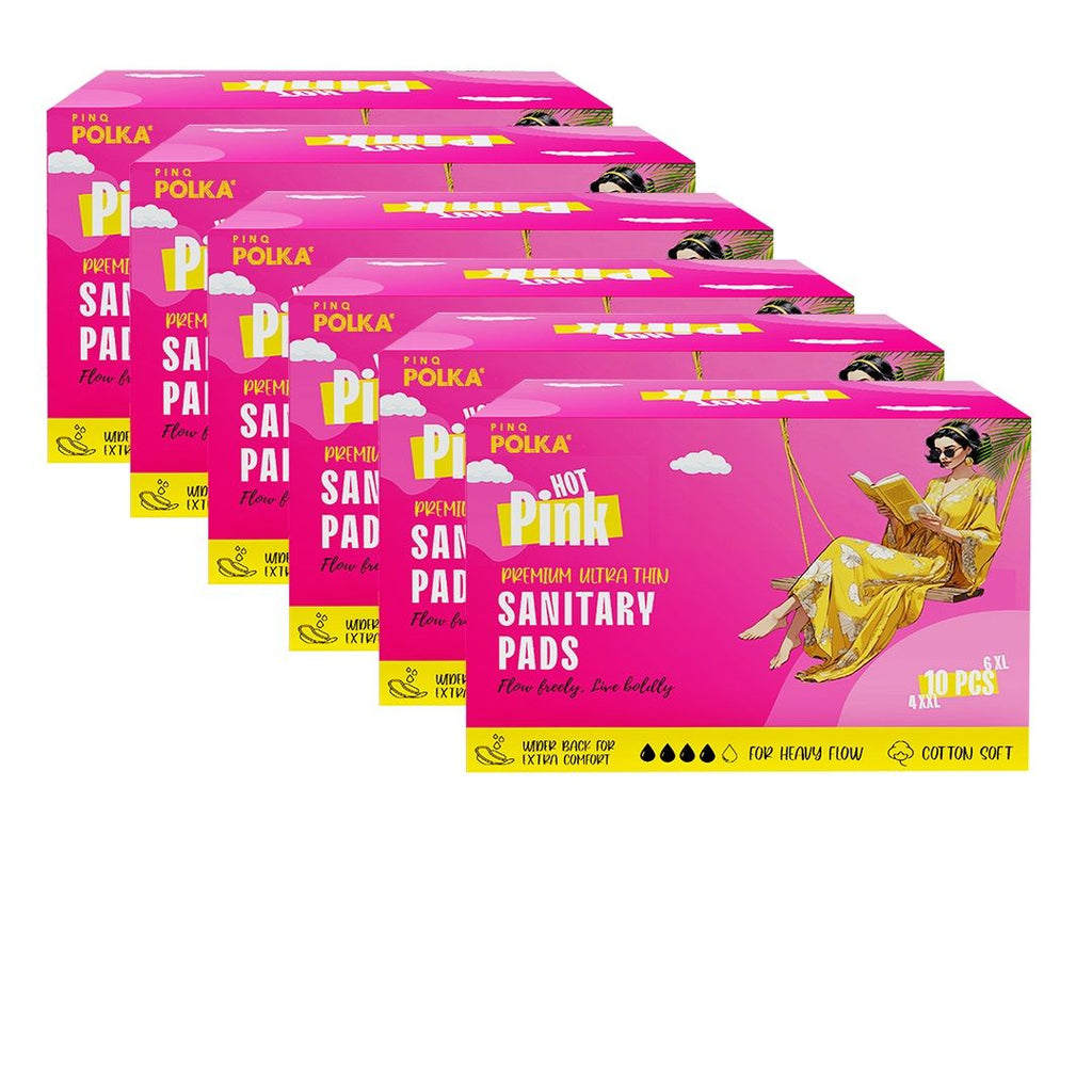 POLKA Hot Pink Sanitary Pads XXL & XL Rash Free Heavy Flow Double Wings Protection