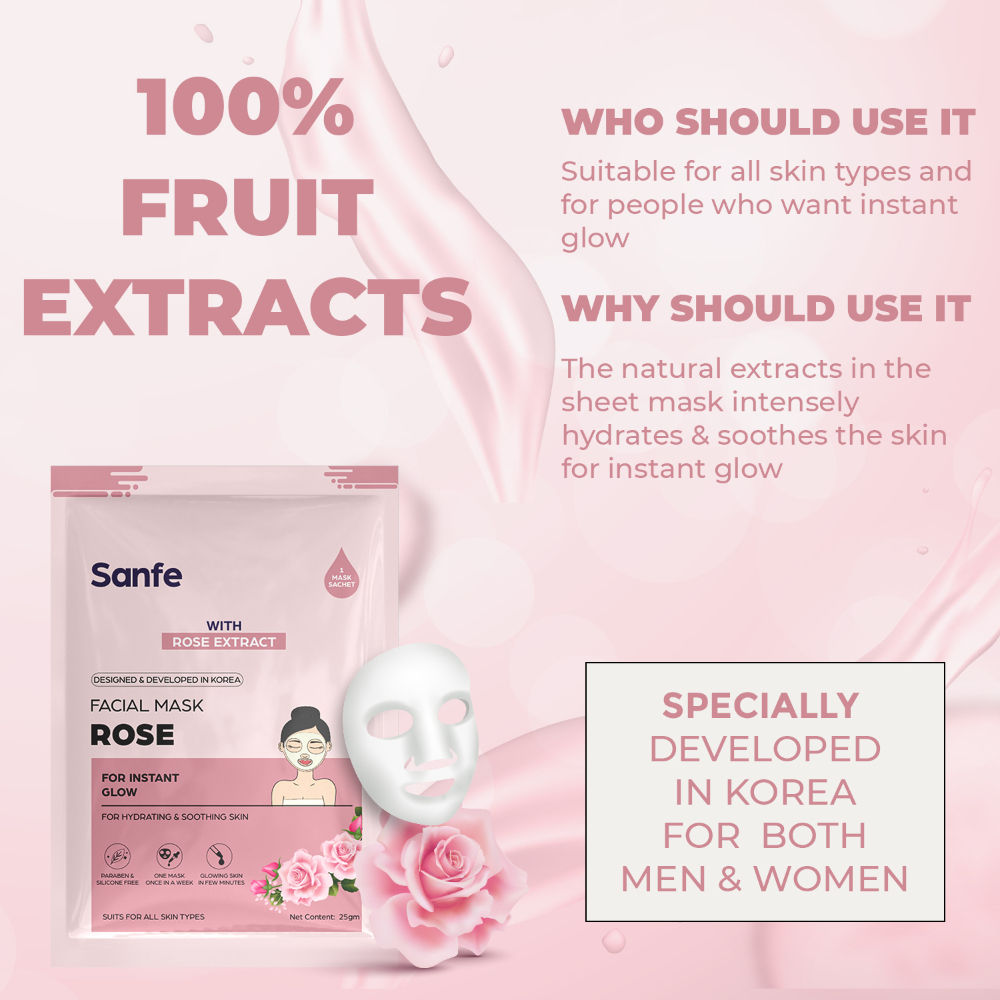 Instant Glow Rose Facial Mask, 100% Fruit Extracts, Korean Mask