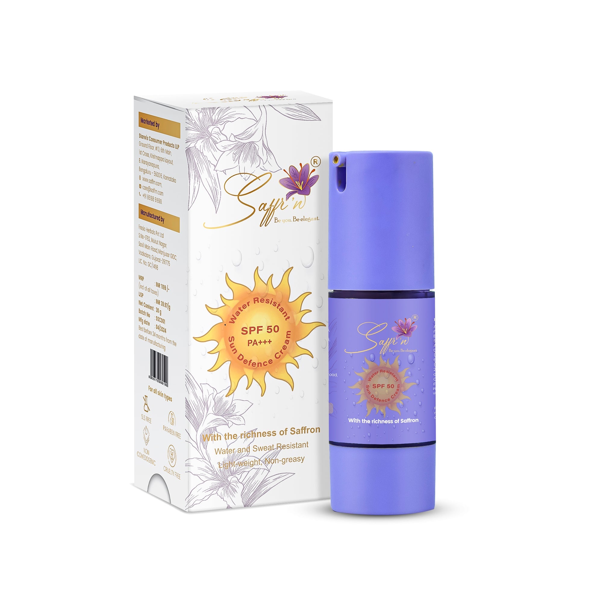 Saffr’n Sun Defence SPF 50 PA+++ Waterproof Sweat-Resistant Non Greasy Sunscreen with Saffron extract | 30g