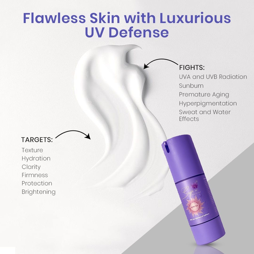 Saffr’n Sun Defence SPF 50 PA+++ Waterproof Sweat-Resistant Non Greasy Sunscreen with Saffron extract | 30g