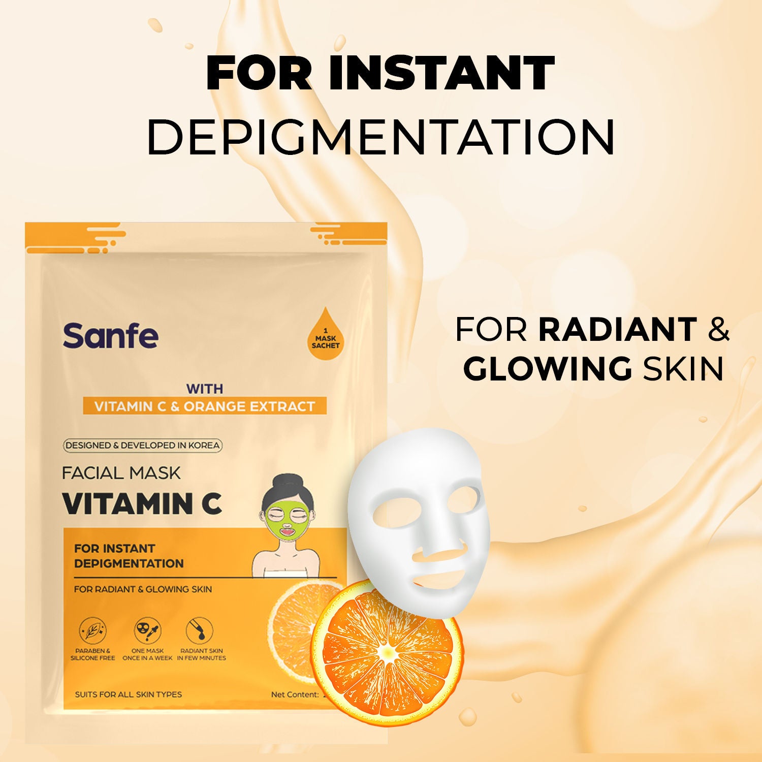Vitamin C Face Sheet Mask, Korean Skincare For Instant Glow, Hydration & Brightening
