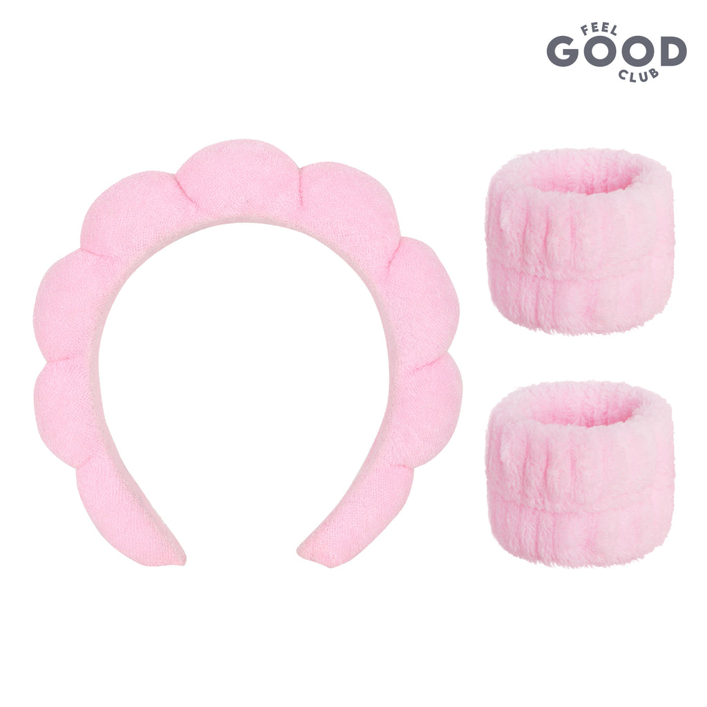 Pink Bubble Headband & Wristbands - Set For Face Wash Skincare Makeup And Spa