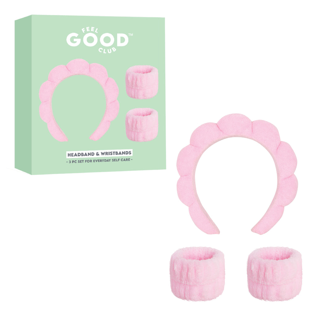 Pink Bubble Headband & Wristbands - Set For Face Wash Skincare Makeup And Spa