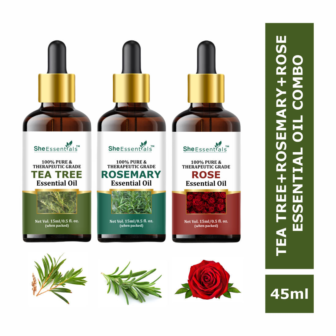 Rosemary, Rose & Tea Tree Essential Oil For Hair Growth, Acne, Skincare & Haircare