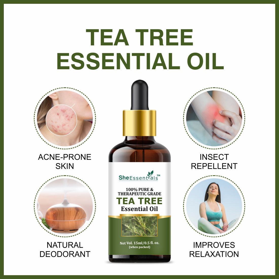 Rosemary, Rose & Tea Tree Essential Oil For Hair Growth, Acne, Skincare & Haircare
