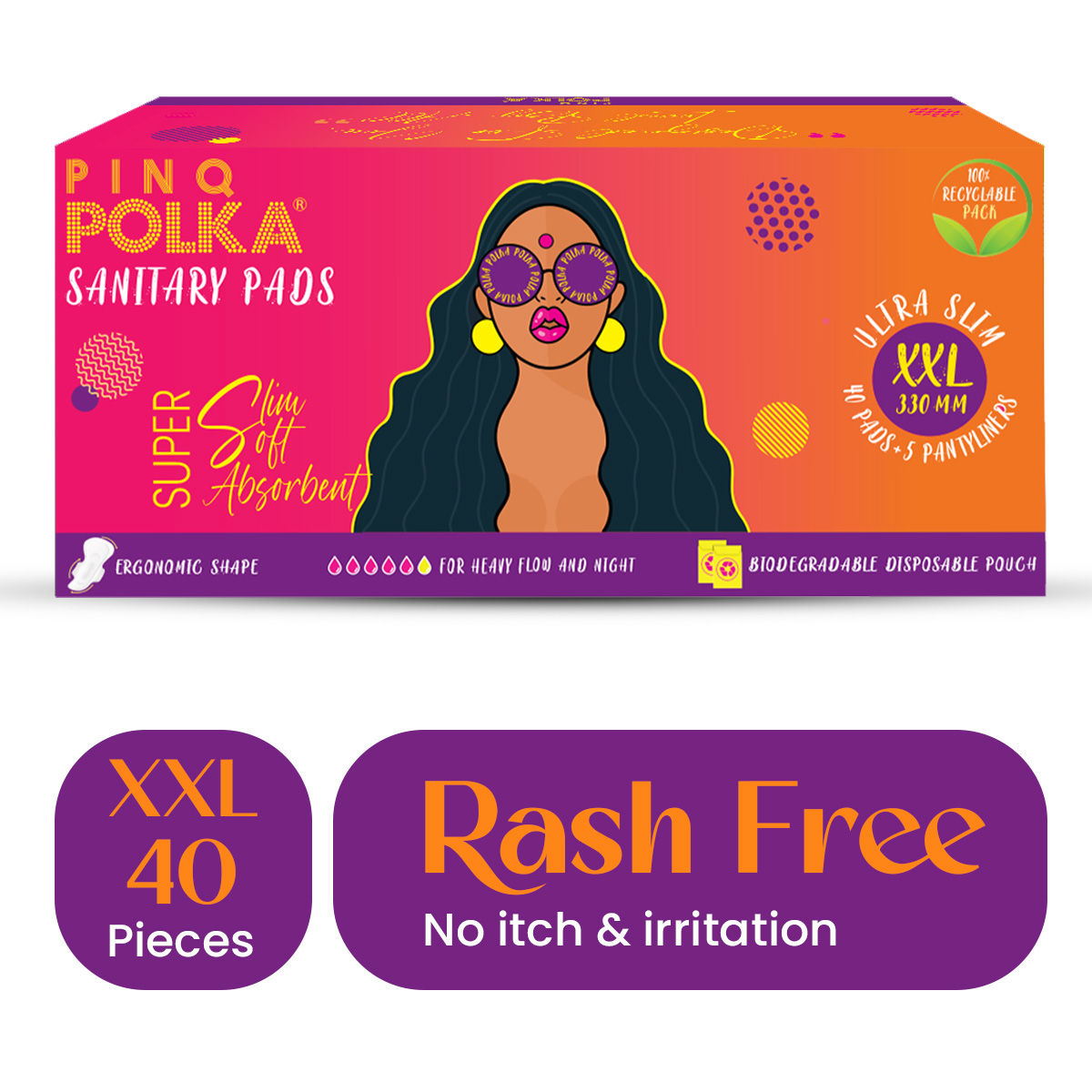 POLKA Ultra Sanitary Pads Organic Cotton Soft Feel Rash Free Wide Back - XXL