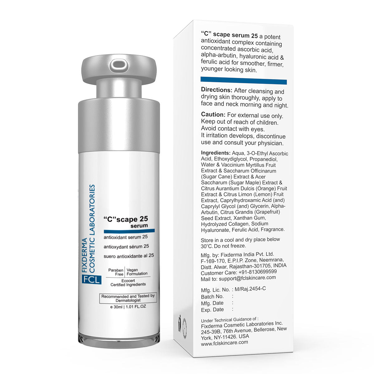 FCL 25% Vitamin C Face Serum & Hyaluronic Acid Serum, Reduces Wrinkles & Age Spots