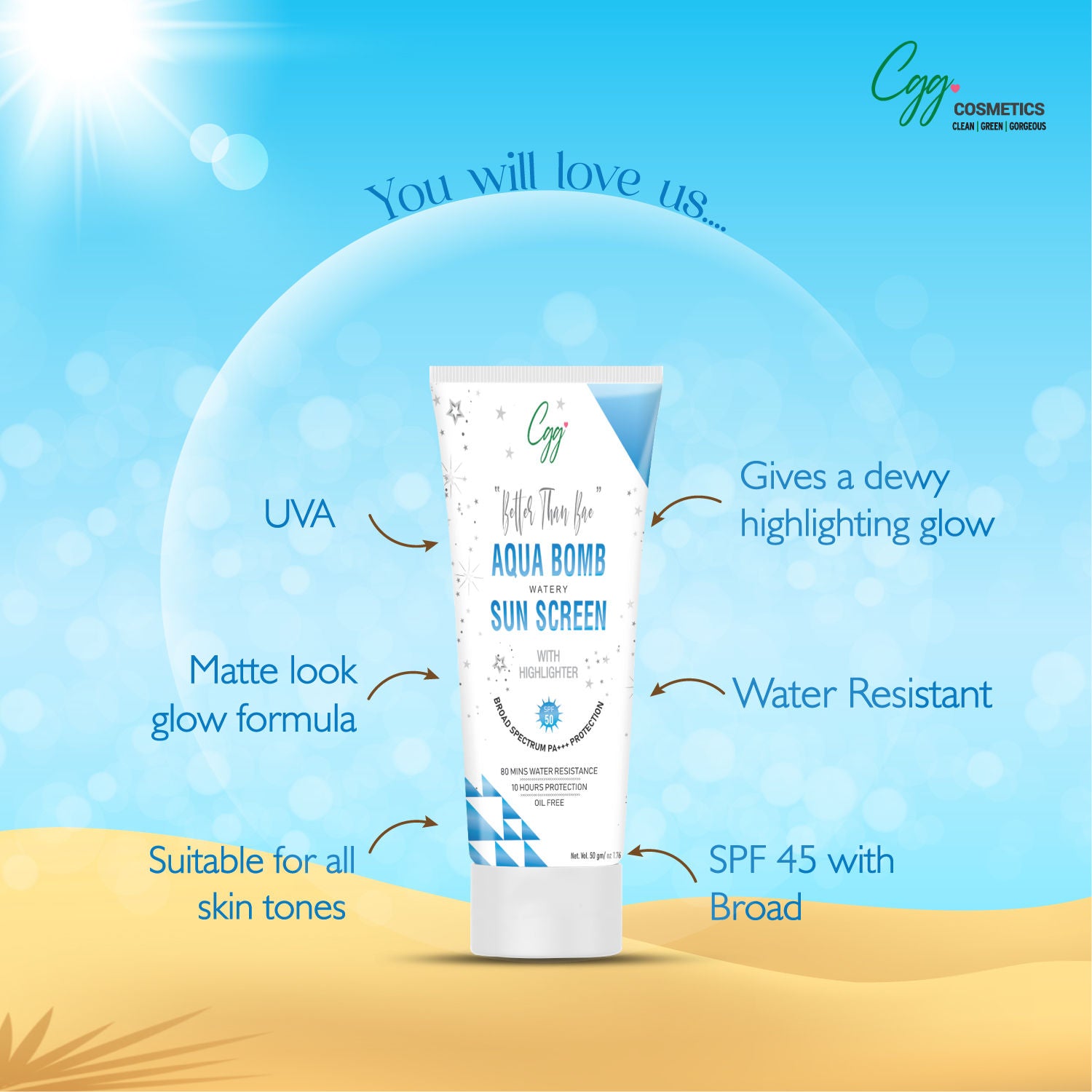 CGG Better than Bae Aqua Bomb Sunscreen With Highlighter SPF 45 PA+++ For All Skin Types