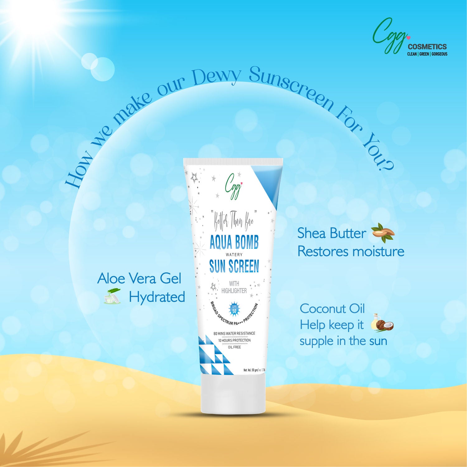 CGG Better than Bae Aqua Bomb Sunscreen With Highlighter SPF 45 PA+++ For All Skin Types