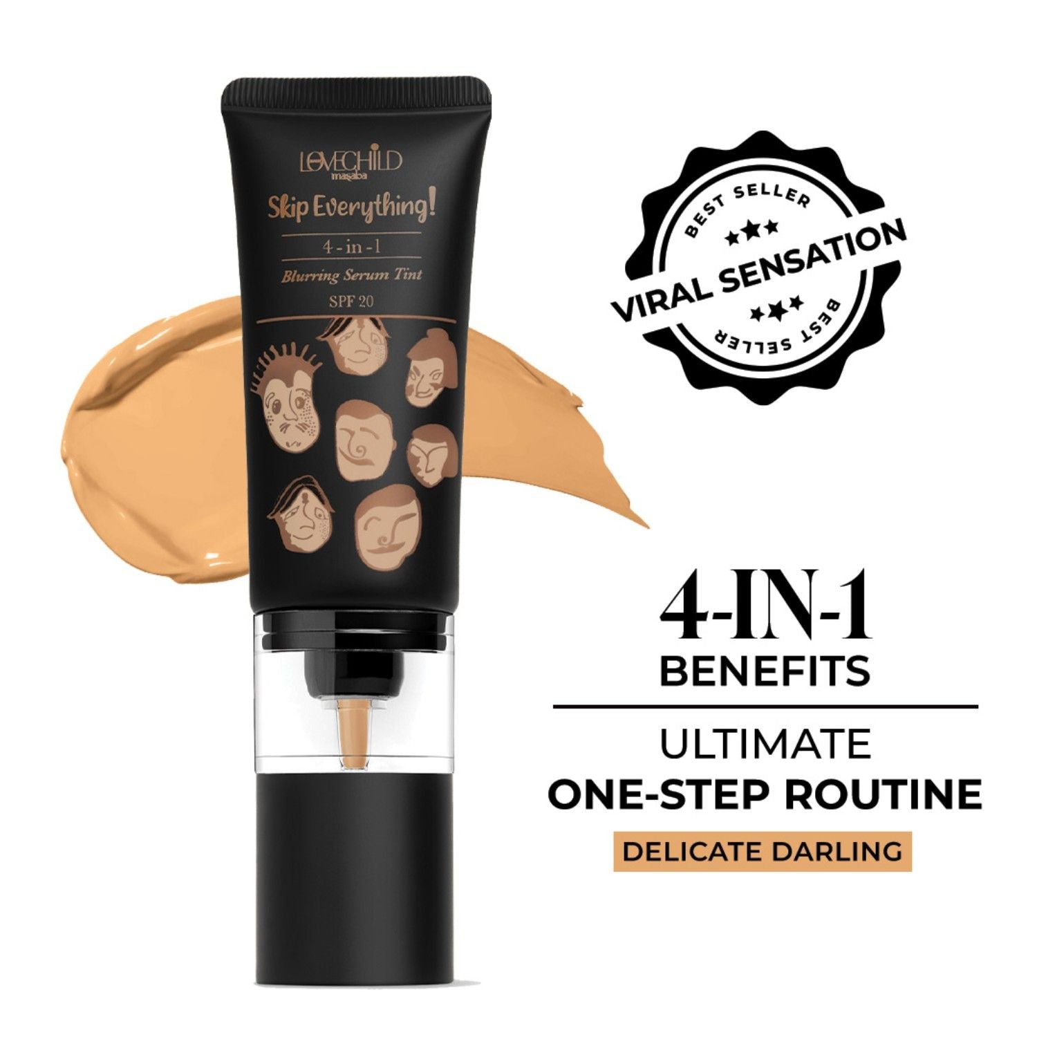 Skip Everything Serum Skin Tint SPF 20, Liquid Foundation for all Skin type, with In-Built Brush, Enriched with Vitamin E for anti-ageing benefits - Delicate Darling