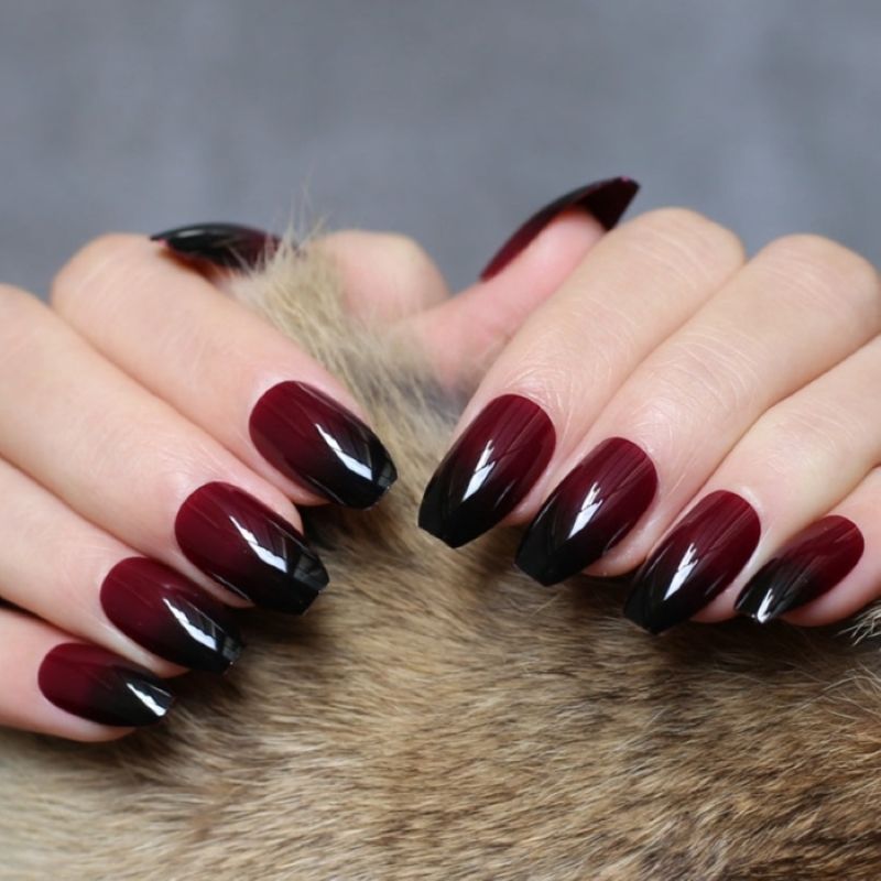 Mulberry Glossy Purple Maroon Black Ombre Press On Nails