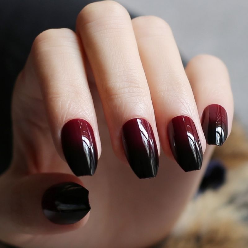 Mulberry Glossy Purple Maroon Black Ombre Press On Nails