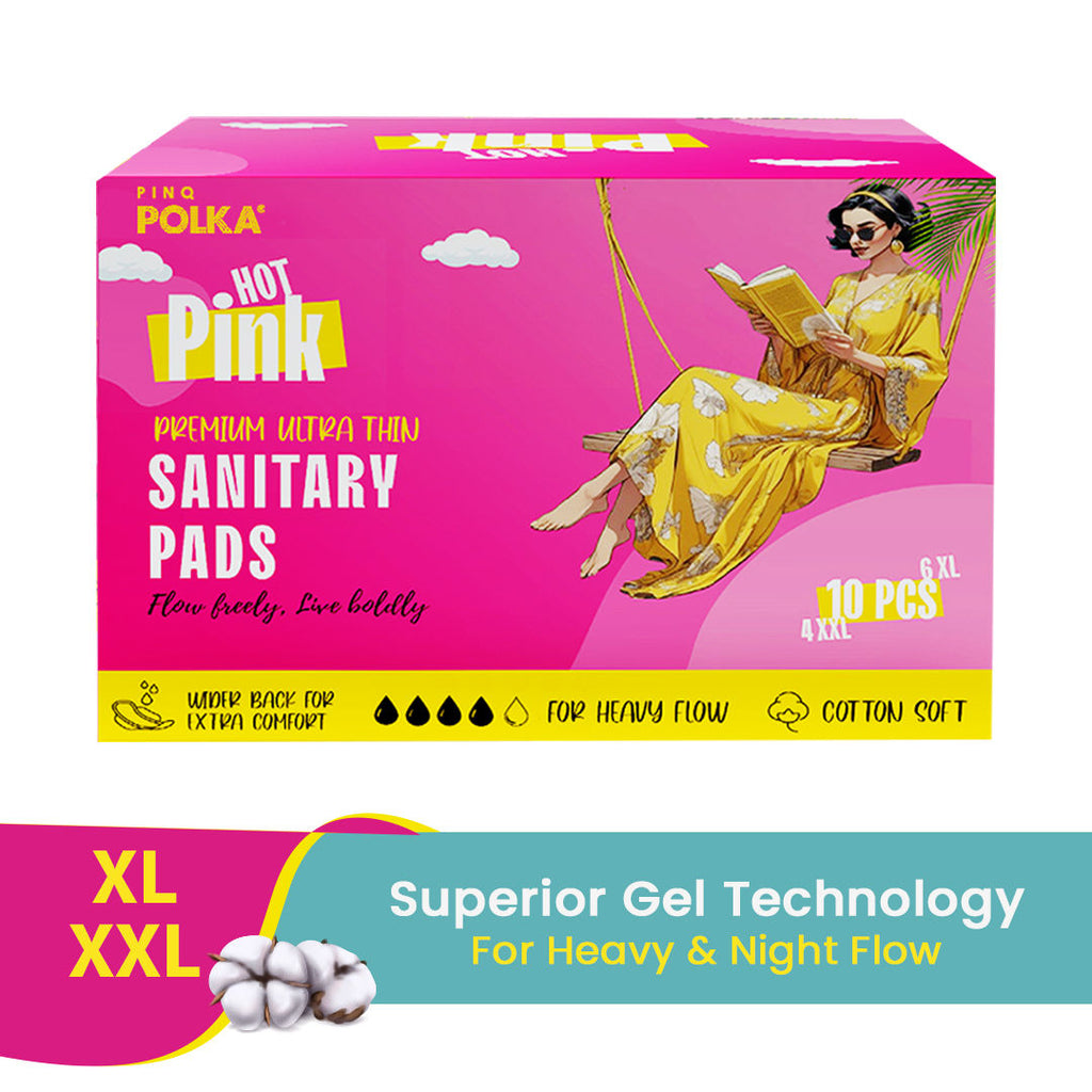 POLKA Hot Pink Sanitary Pads XXL & XL Rash Free Heavy Flow Double Wings Protection - 10 Pads