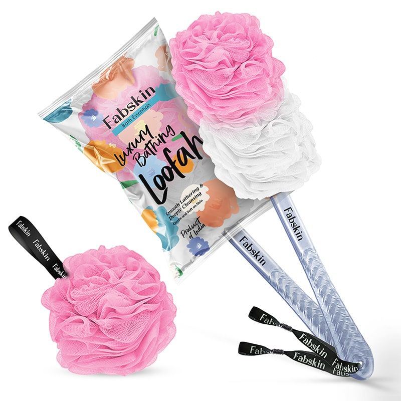 Loofah Duo Pack- Bath Brush With Long Handle & Round Loofah- For Men & Women- Pink & White