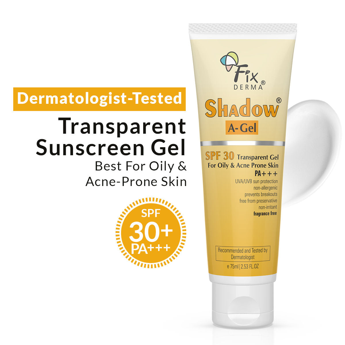Shadow AGel SPF 30 Sunscreen For Acne Prone Skin, NonOily, UVA UVB, Transparent Gel
