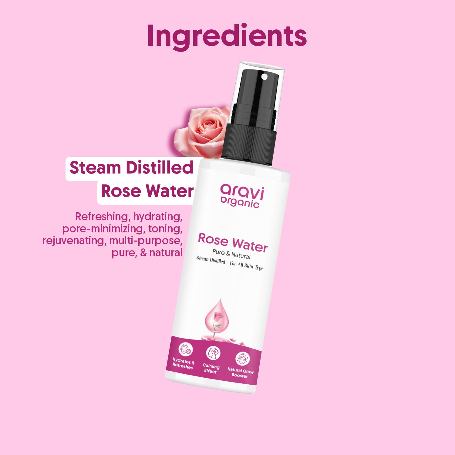 100% Pure Rose Water Face Toner Spray, Steam Distilled, For Skin & Hair, Gulab Jal