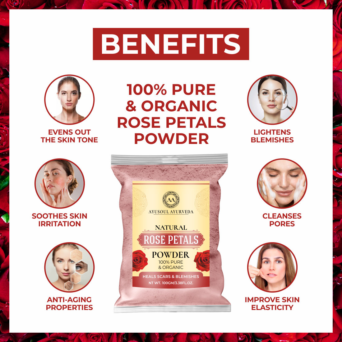 100% Pure Natural & Organic Rose Petals Face Pack Powder