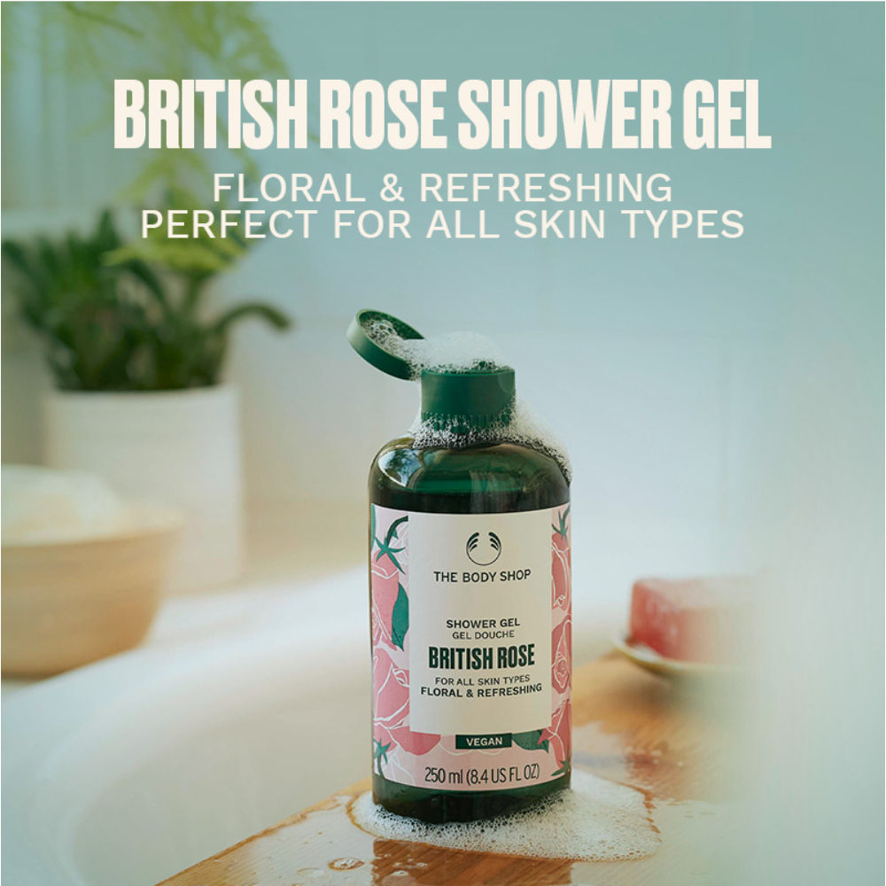 British Rose Shower Gel, Softens & Cleanses, Floral Scent of Rose & Aloe, Soap-Free