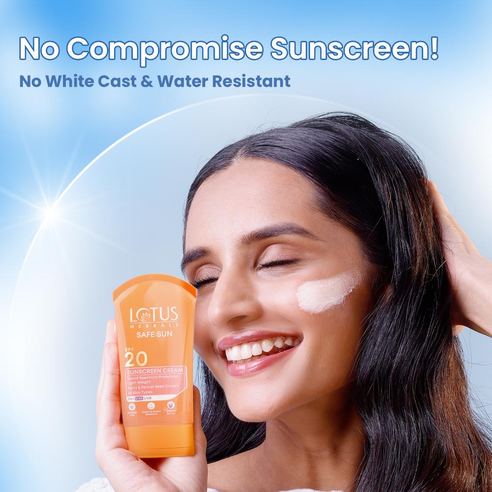 SafeSun Sunscreen Cream SPF 20 PA+ ,Berry & Fennel Seed Extracts,Waterproof & Oil-free