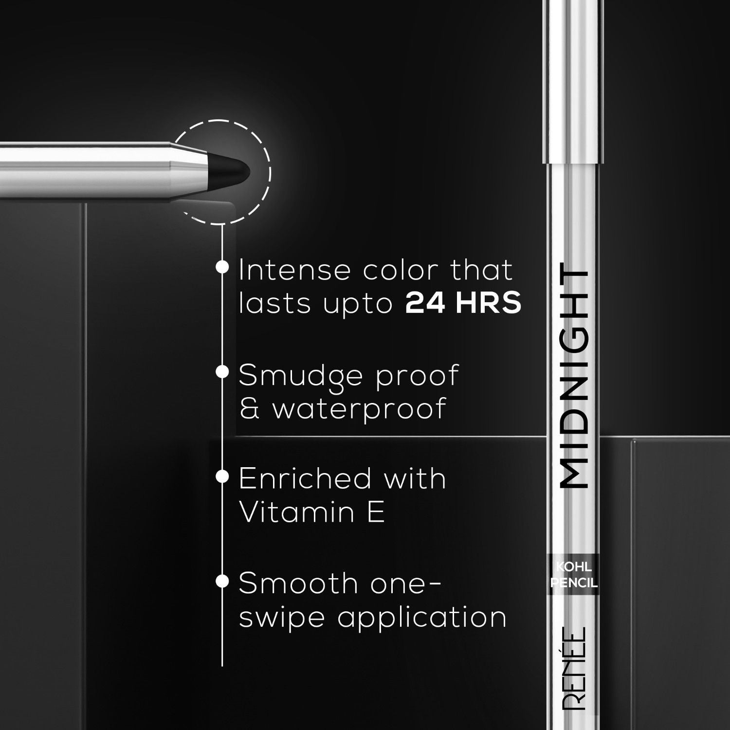Midnight Kohl Pencil, Waterproof, Smudge-proof, All-Day Kajal with Sharpener