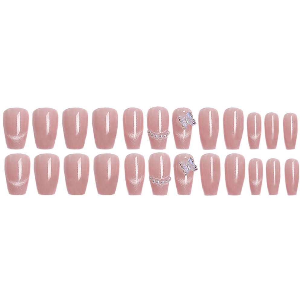 Cats Eye 3D Butterfly & Pearls with Translucent Pink Color Press On Nails