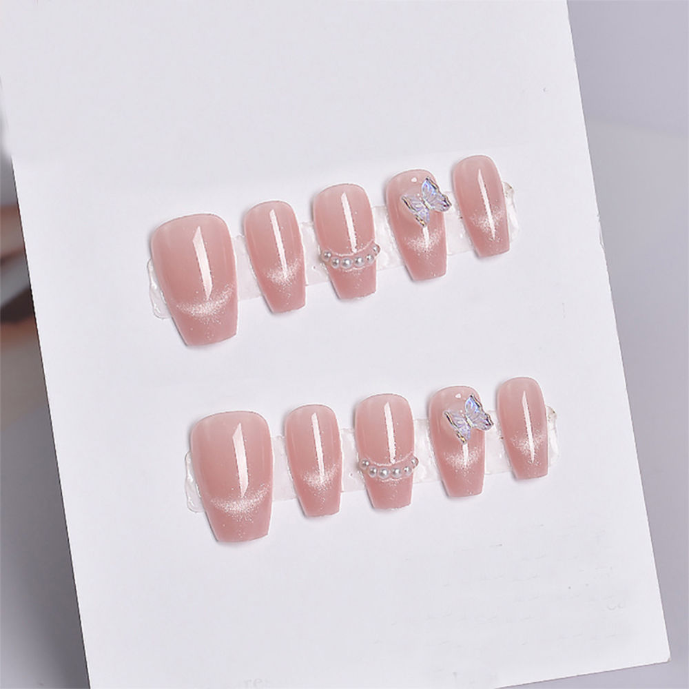 Cats Eye 3D Butterfly & Pearls with Translucent Pink Color Press On Nails