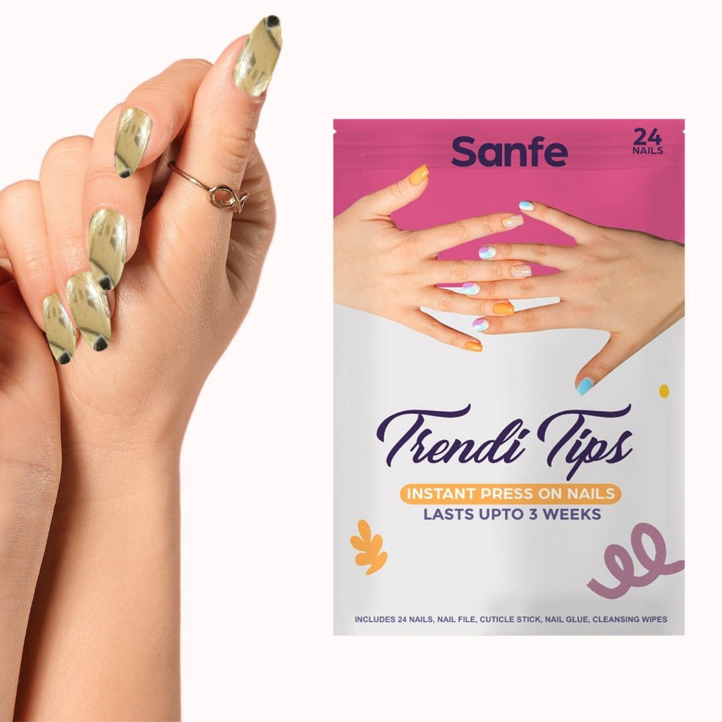 Instant Stick On Nails - Golden Chrome 24 Reusable Artificial Fake Nails Light Salon Look