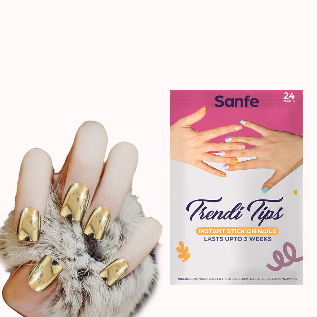 Instant Stick On Nails - Golden Chrome 24 Reusable Artificial Fake Nails Light Salon Look