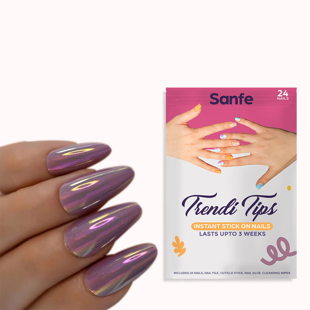 Instant Stick On Nails - Violet Chrome 24 Reusable Artificial Fake Nail Salon Look