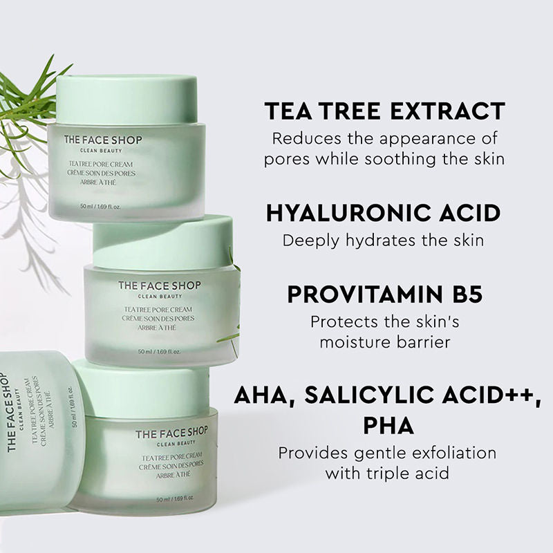 Tea Tree Pore Cream - Korean Moisturizer with AHA, Salicylic Acid (BHA) & PHA for Acne