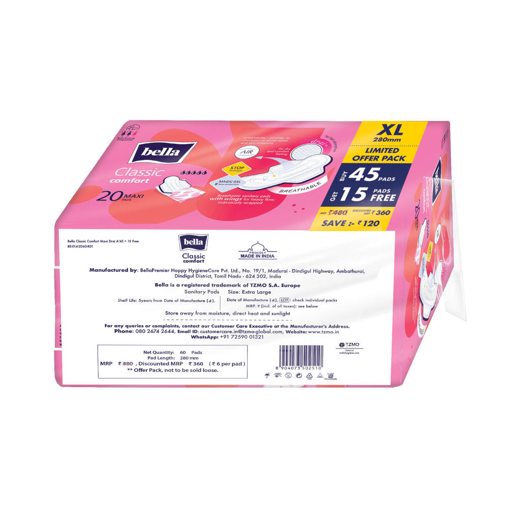 Classic Comfort Maxi Dry Sanitary Pads, 45 Pads + 15 Pads Free