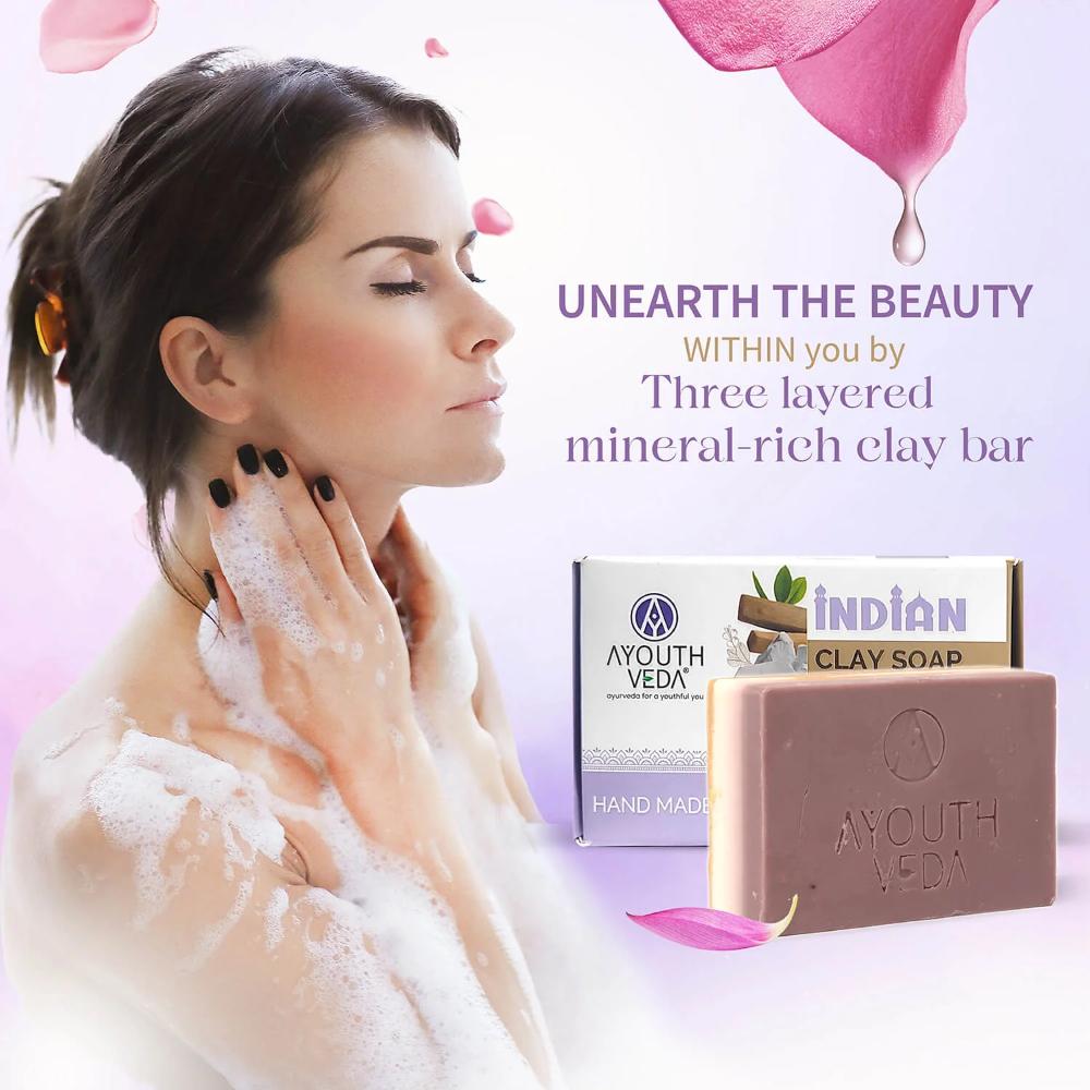 Indian Clay Soap, Triple-Layer Mineral-Rich Handmade Bar with Multani Mitti for Oily Skin