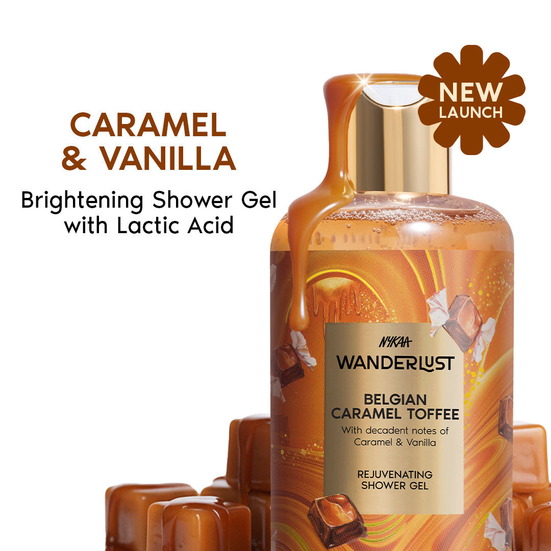 Nykaa Wanderlust Belgian Caramel Toffee Perfume Body Wash Lactic Acid Hydrating Brightening Vanilla