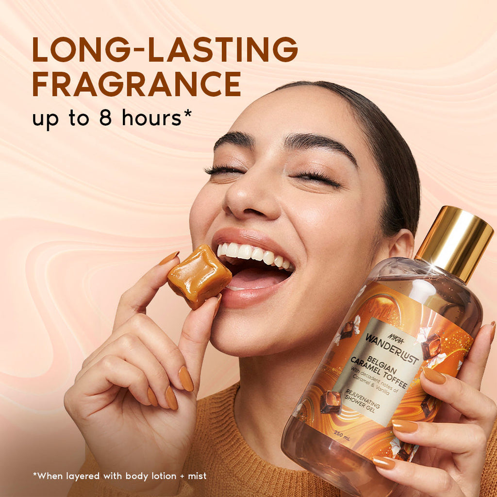 Nykaa Wanderlust Belgian Caramel Toffee Perfume Body Wash Lactic Acid Hydrating Brightening Vanilla