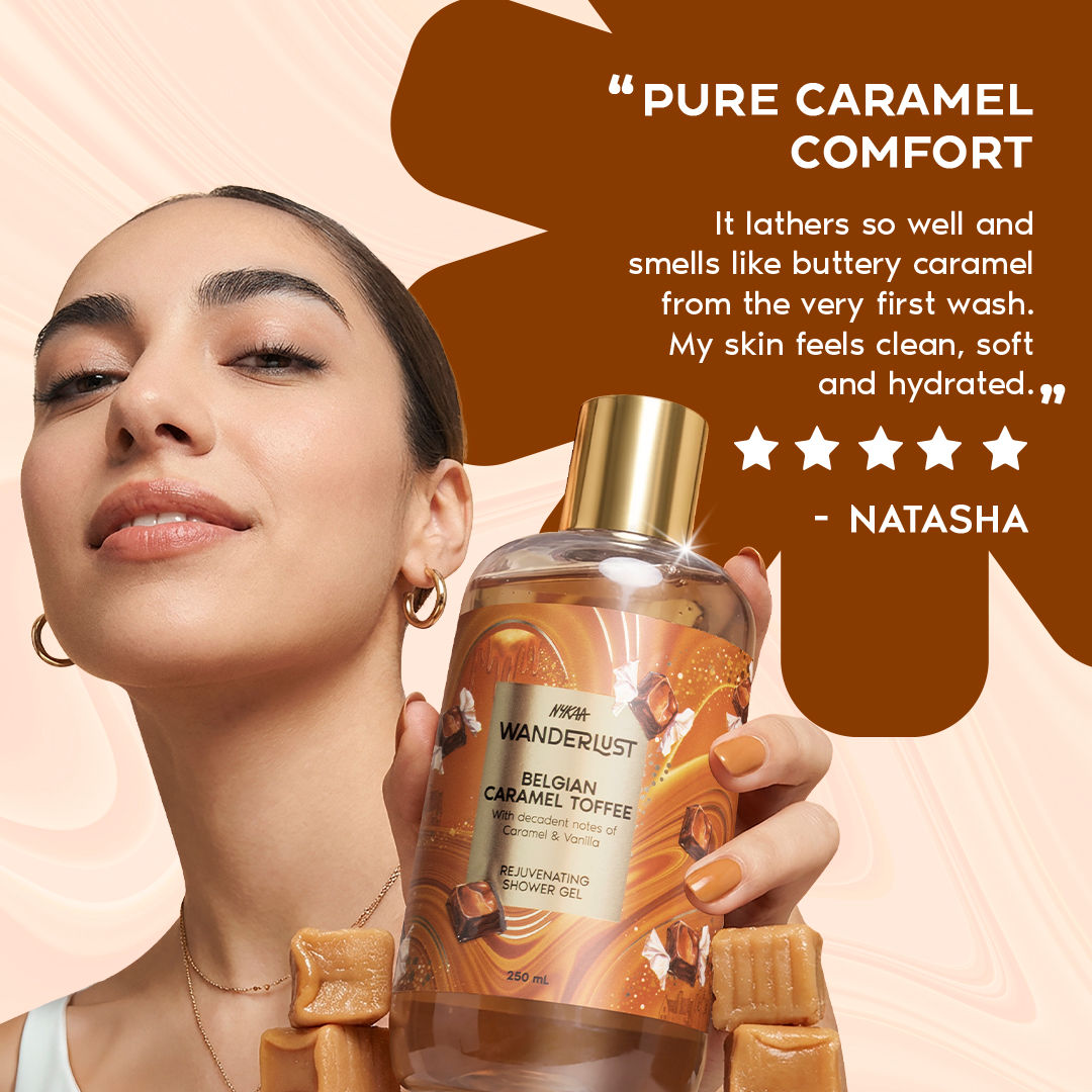 Nykaa Wanderlust Belgian Caramel Toffee Perfume Body Wash Lactic Acid Hydrating Brightening Vanilla