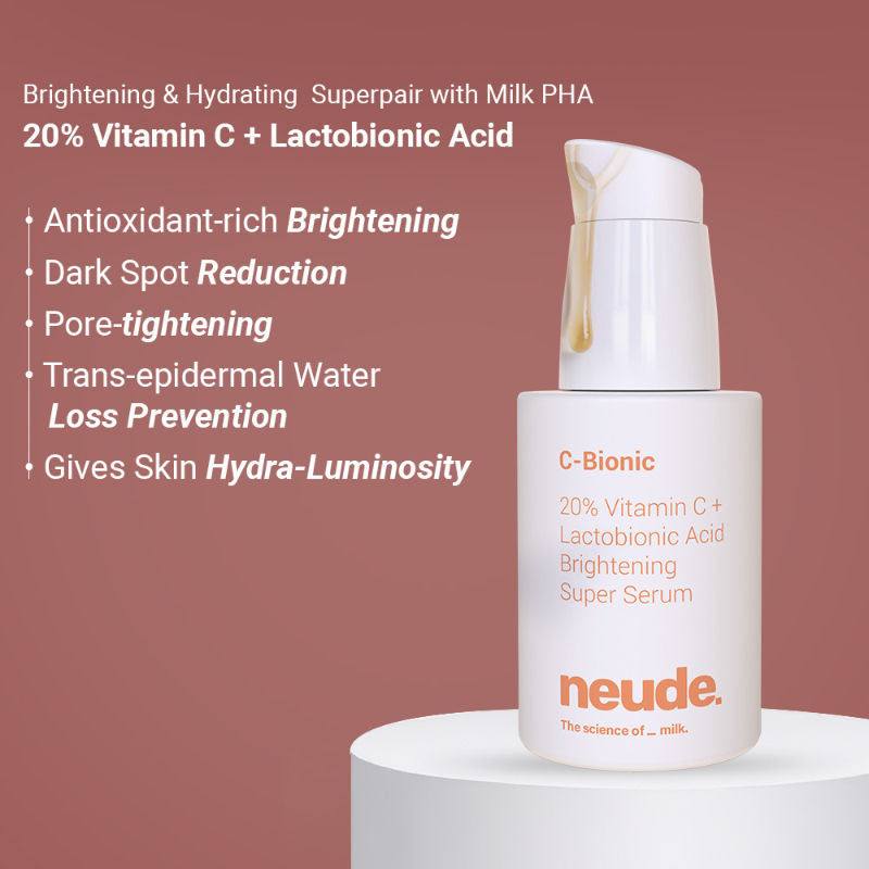 Neude 20% Vitamin C Serum - Glutathione+Red Algae+Kakadu Plum, C-Bionic Super Serum for Skin Brightening