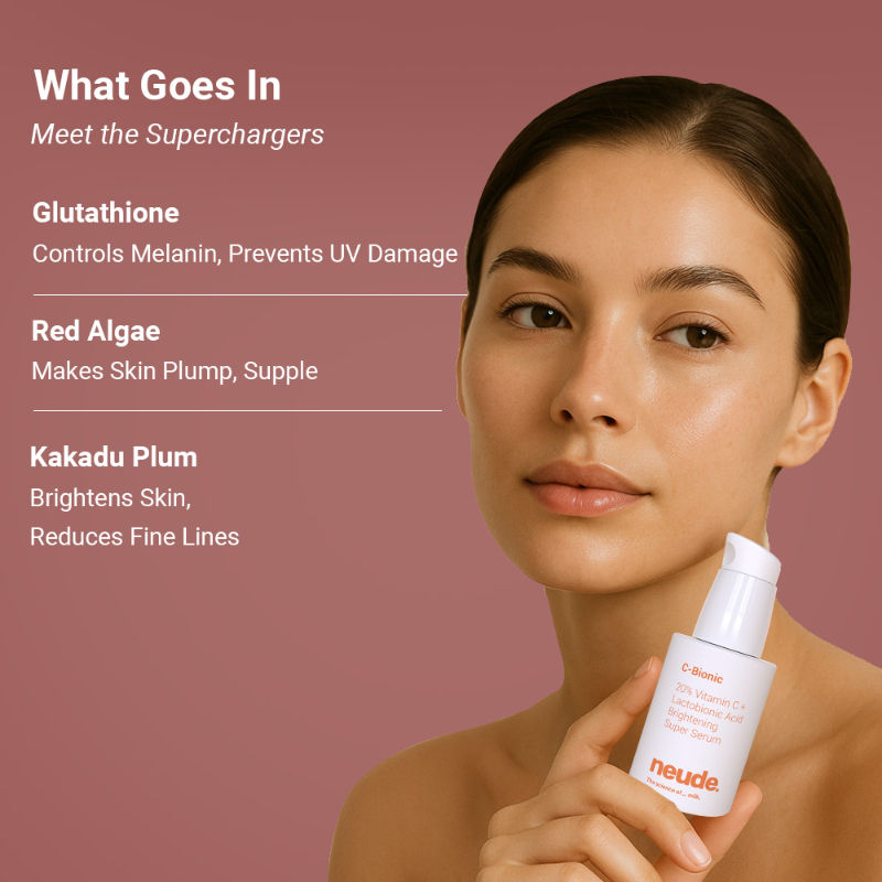 Neude 20% Vitamin C Serum - Glutathione+Red Algae+Kakadu Plum, C-Bionic Super Serum for Skin Brightening