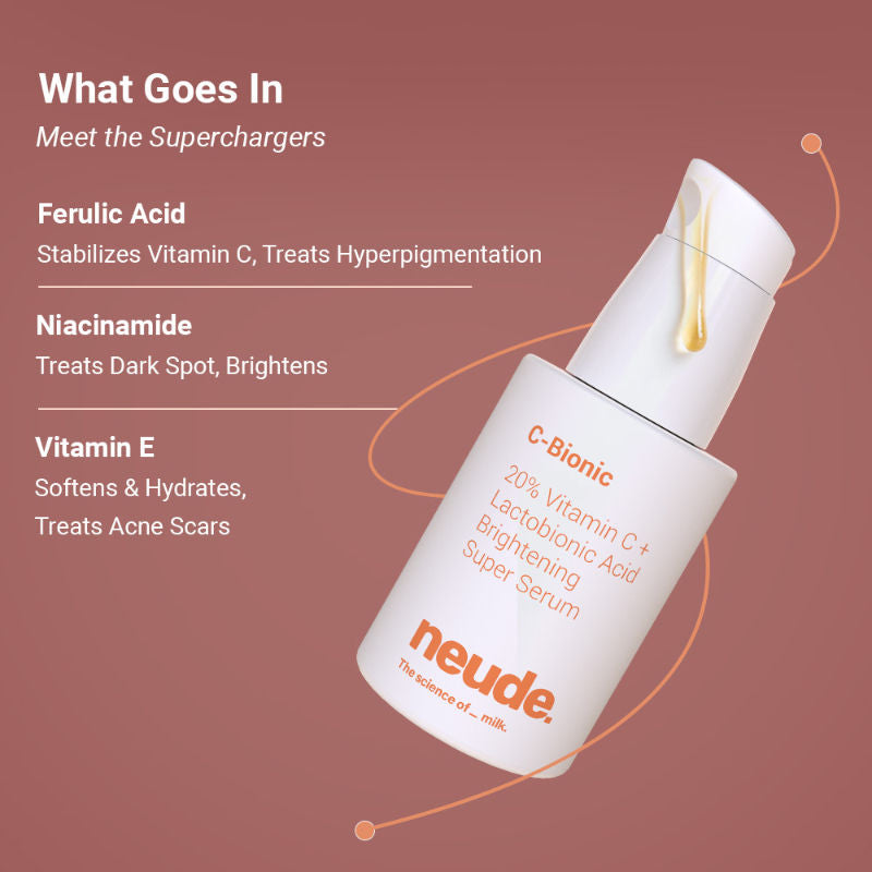 Neude 20% Vitamin C Serum - Glutathione+Red Algae+Kakadu Plum, C-Bionic Super Serum for Skin Brightening