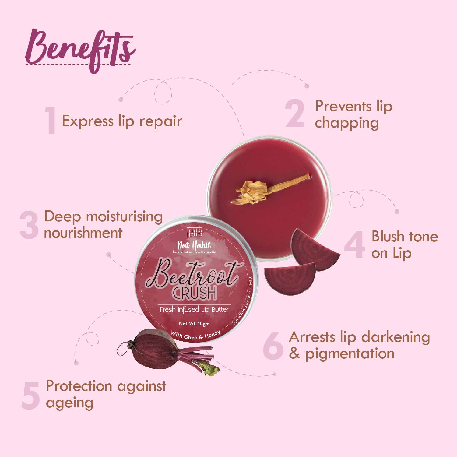 Beetroot Lip Butter With Desi Ghee & Honey Lip Balm For Natural Pink Lips, Lip Moisturizer