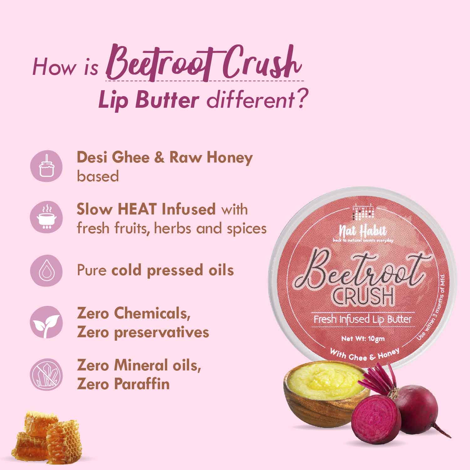 Beetroot Lip Butter With Desi Ghee & Honey Lip Balm For Natural Pink Lips, Lip Moisturizer