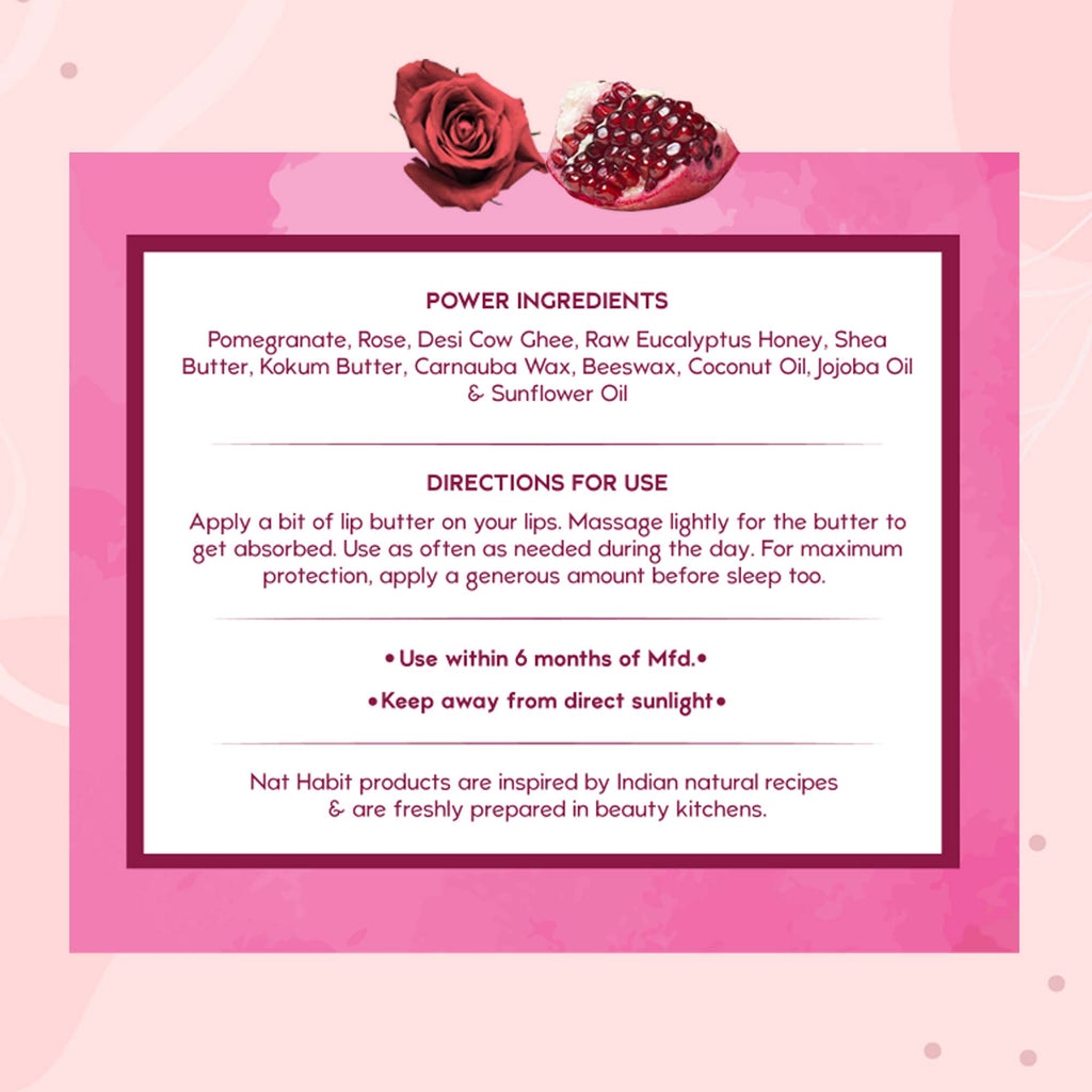 Pomegranate Rose Lip Balm For Dark Pigmented Lips, Lip Butter With Desi Ghee & Honey