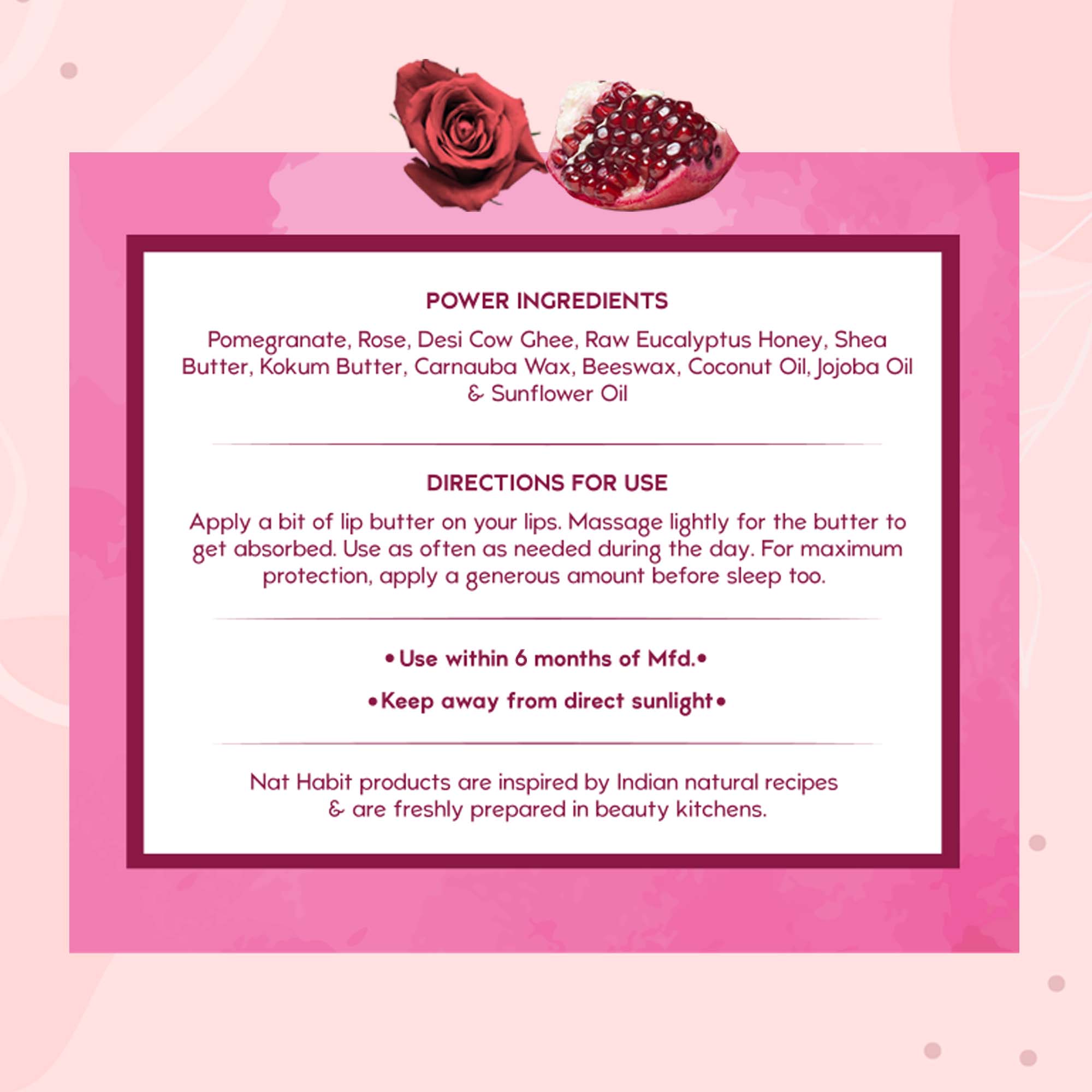 Pomegranate Rose Lip Balm For Dark Pigmented Lips, Lip Butter With Desi Ghee & Honey
