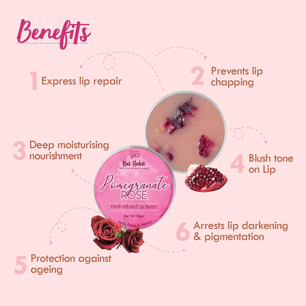 Pomegranate Rose Lip Balm For Dark Pigmented Lips, Lip Butter With Desi Ghee & Honey